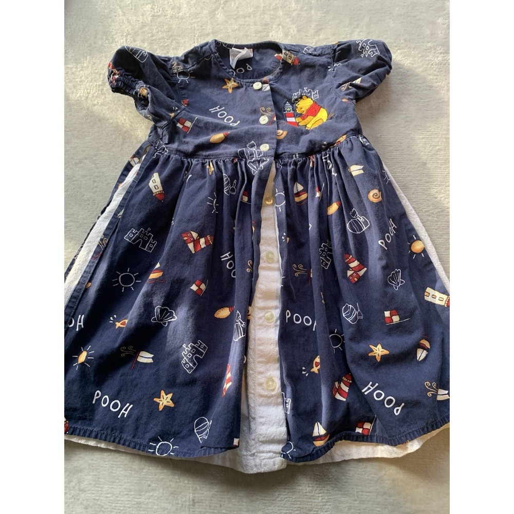 Y2K Winnie the Pooh Navy Dress Embroidered Lighthouse Sailboat Beach 4T Vintage
